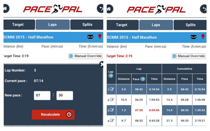 PacePal's manual override feature allows you to tailor your race strategy